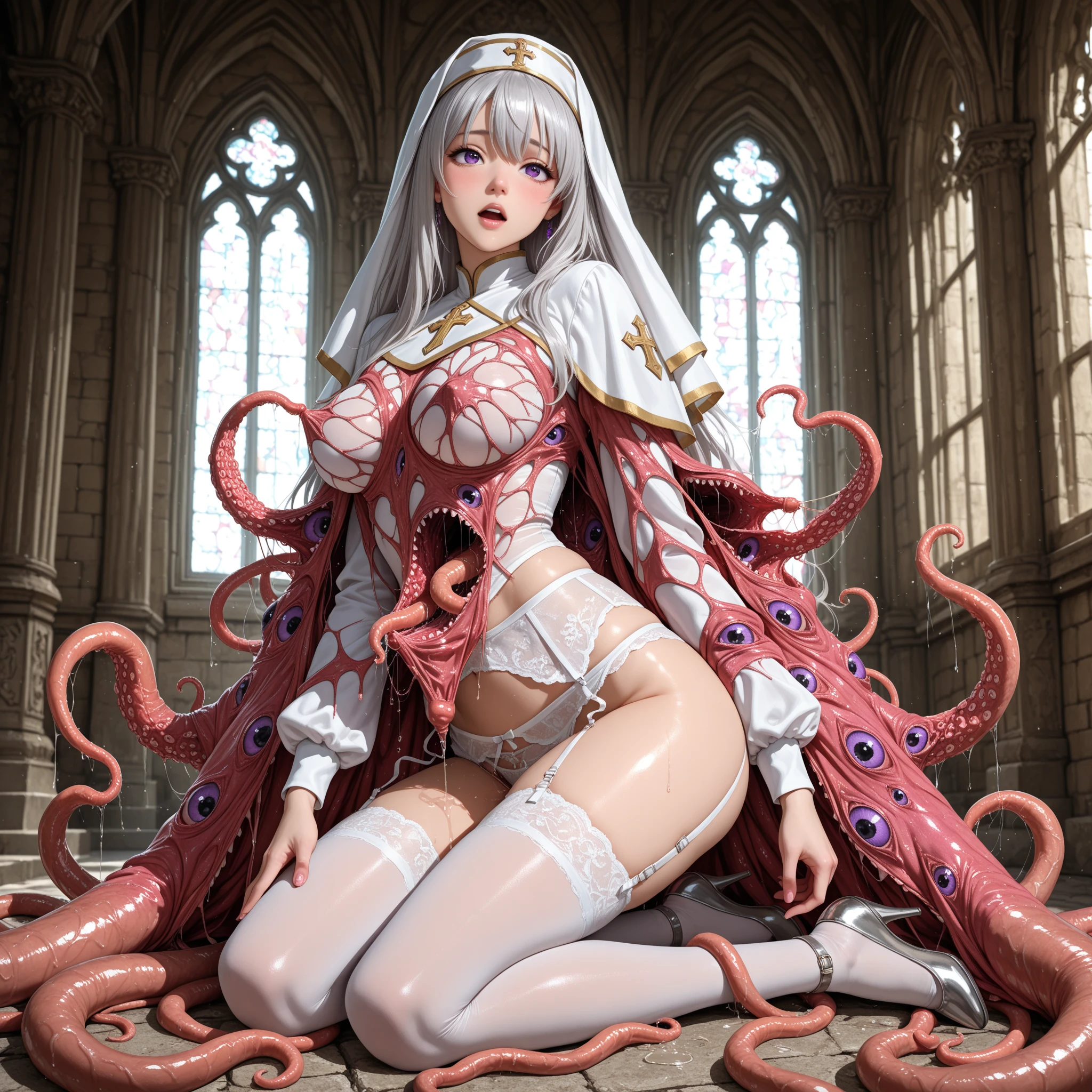 ((masterpiece)), (realistic), 2girls, beautiful 18yo, with long wavy silver-white hair, detailed and realistic innocent and cute face, detailed and realistic dark purple eyes, sensual and vulnerable facial expression, crying, nine months pregnant, chained ankle harnesses spreading her lovely and slender legs spread wide open, completely naked, rounded breasts, bloody dildo inside woman's detailed and realistic vagina, creampie, anal creampie, vibrators taped to clitoris, lactating nipples, sperm on body,