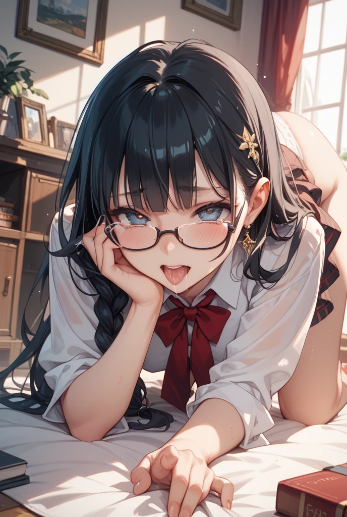 ultra-detailliert, Best Quality, High resolution, animesque、 ((A cute little girl with black hair and big sagging eyes wears large round glasses.))、Pretty eyes、Detailed eye depiction、Eye sparkle、deep detailed eyes, Looking at Viewer, pale skin、(((Petite))), 　（cute white bra）, (cute white panties）、(flat chest), (blush:1.2), （big eye:1.5）, Shy smile, In bed, Focus on the face, Long hair with braids, sitting on, ((super close up of tongue)), (((from above))), open mouth, short tongue out, bra lift, show off nipples, face only, ((naked))