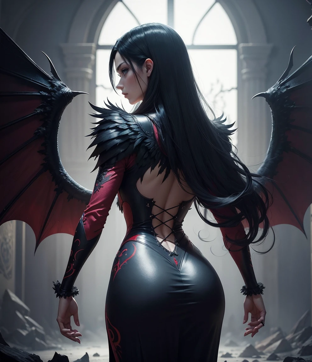 Morrigan aensland a woman with a bat, morrigan aensland, morrigan, dark sorceress full view, raven winged female vampire, ( highly detailed figure ), castlevania witch, supervillain sorceress witch, beautiful succubus, black magician girl, dark sorceress fullbody pose, extremely detailed artgerm, looking at viewer, long black hair, standing, elegant, legs spread, luscious labia lips, ((view from ass)), ((black tight leggings))