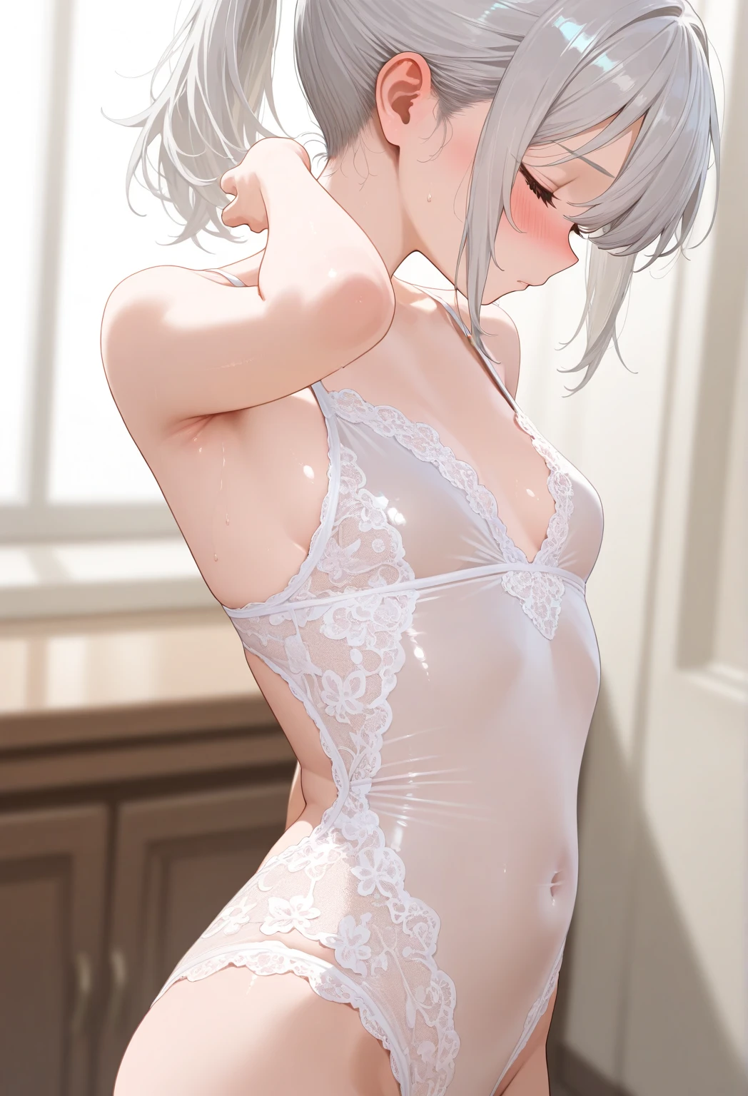 White lace swimsuit, small breasts, embarrassing, high quality, silver hair, ponytail.