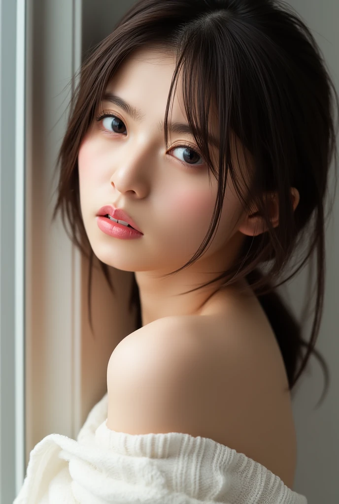 (8k, Photorealistic, RAW Photos, Best image quality: 1.4), Japanese girl、Super detailed face、Eye on the details、double eyelid、Sharp focus:1.2、Beautiful woman:1.4、Light brown hair、Highest quality、masterpiece、Ultra-high resolution、(Photorealistic:1.4)、Highly detailed and professionally lit smiles、(knit:1.5)、blush、Watery eye、amount、erect nipples、slouch、Cleavage、Small breasts、Messy Hair、amount