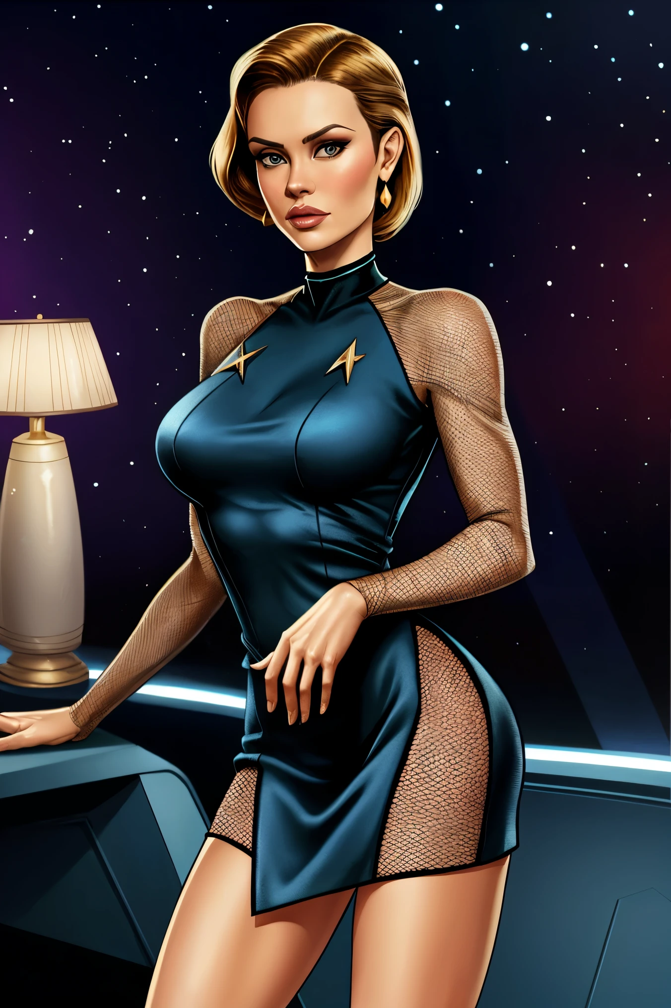 star trek, woman in short dress, pinup, fishnet stockings