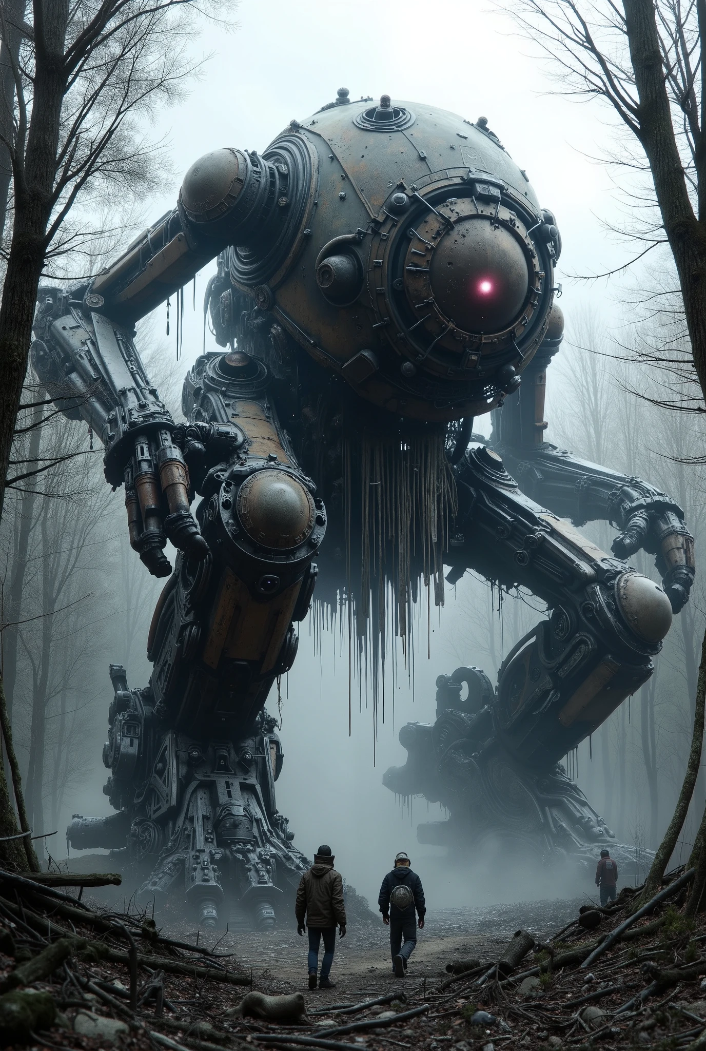 military robot like a tank、(1.5)、(An intimidating feeling like a chariot:1.5),(wacky, perverted, and bizarre design without a head:1.5),(the dark dark metallic body is rusted:1.5)、(Height50mRobot 1.tanding in the fog of the forest、(A robot with a very creepy atmosphere:1.5),(main body that can be seen3There is a large reactor that glows purple in the center of the:1.5)、heavy and intimidating robot、(wacky, perverted, and bizarre design without a head:1.5)、Extremely Huge Robot、A is looking up at the robot、(There are extremely organic parts:1.5),