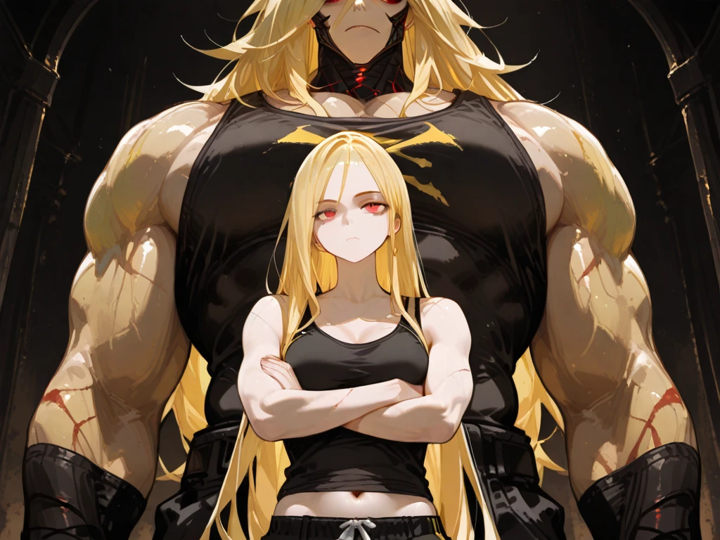 black buff strong woman character, muscle arms, muscle body, buff body, tall woman, black skin, full black skin, strong arms, long fringe hair, blonde hair, blonde fringe hair, fringe hair, scales in body, black lips, milf, black and golden dress, golden details, golden bracelets, smile, sit, crossed legs, morning, city, golden chocker, huging with a mature man, white long hair, white beard, robotic arms, black shirt, sunglasses