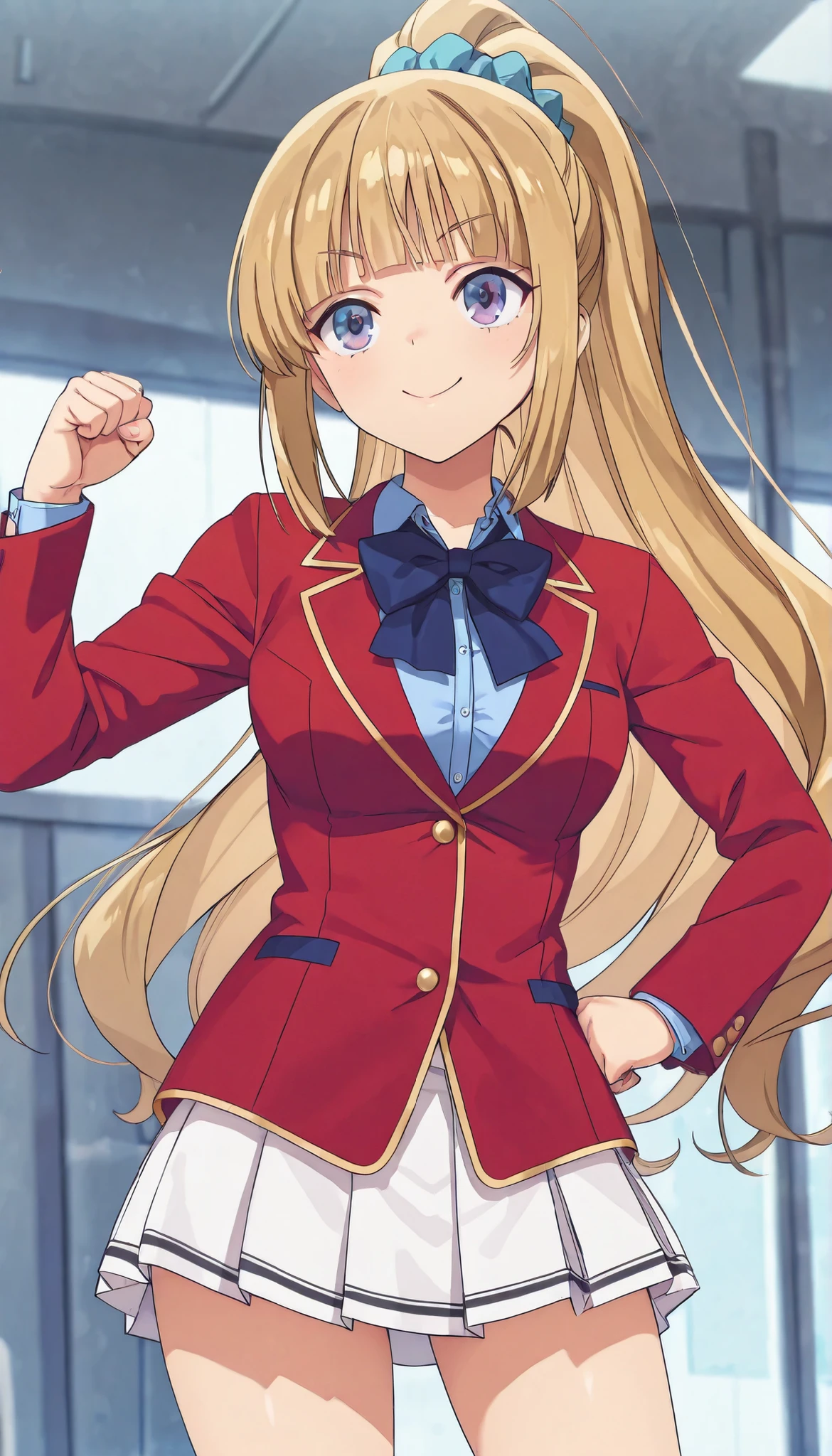  masterpiece, best quality, highres, 1girl,solo, , kei karuizawa , long hair , bangs , blunt bangs , purple eyes , blonde hair , hair ornament , ponytail , scrunchie , blue scrunchie , white skirt, red blazer(closed blazer, buttoned blazer,two button), blue bowtie, blue shirt ,thigh,clsaaroom , from front ,standing ,closed mouth,smile ,glossy lips ,raise up fist, hand on hip, cowboy shot, anime screencap