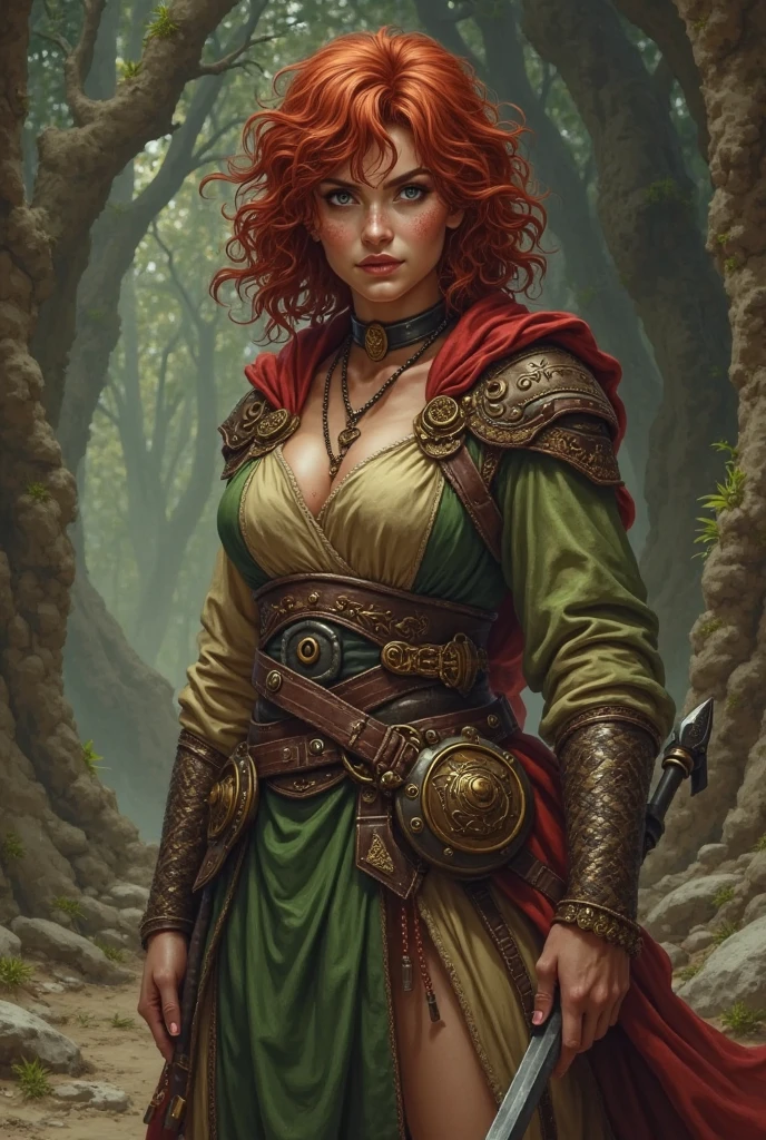 A handsome female with an extremely long orange-haired lady and light brown skin, dressed in a small green loincloth and covered in blood. Crossing a wild blood river