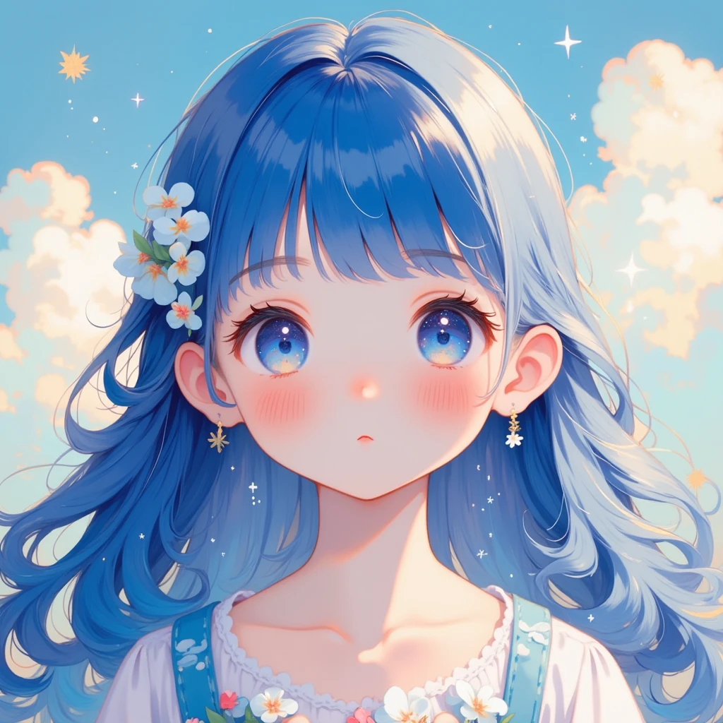 (Best quality at best,4K,8K,A high resolution,tmasterpiece:1.2), The girl in the clouds has hair like cloudany fluffy clouds。tiny stars。light colors hair。In a dream。dream illustration。Dreamy colors。Children's illustration style。