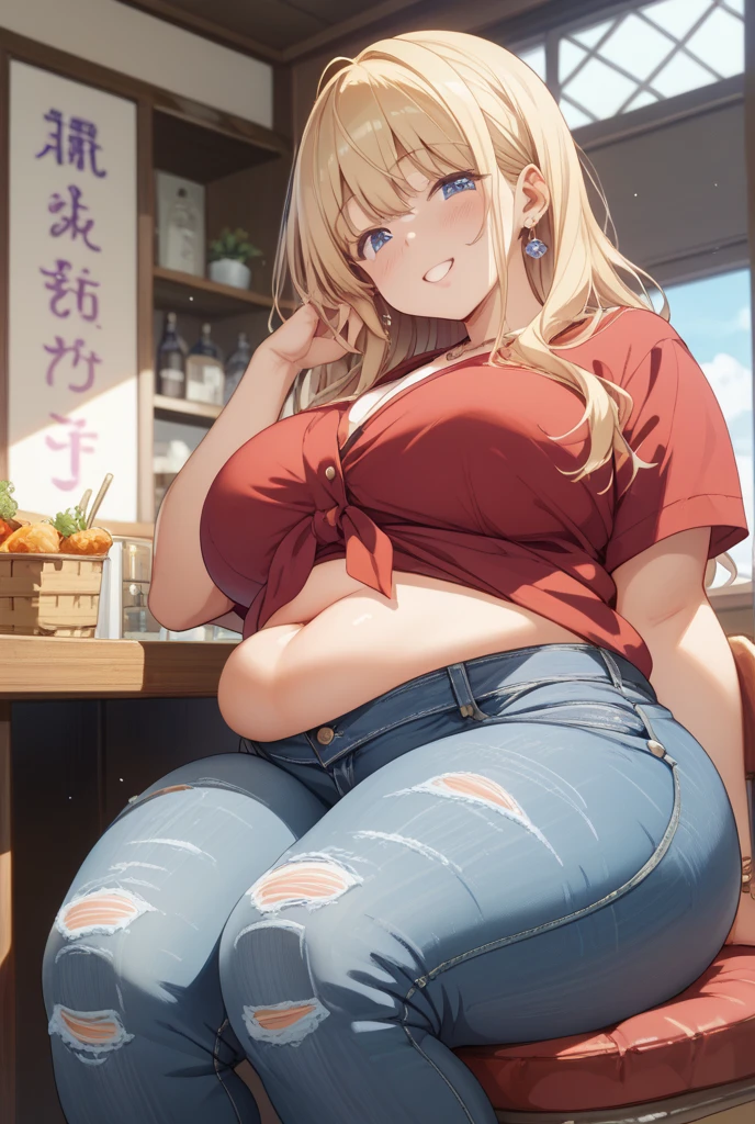 ((highres)), Masterpiece, high quality, best quality, beautiful, perfect lighting, detailed face, ultra cute face, ((1girl)), ((solo)), ((blush)), (embarrassed), looking at viewer, blonde hair, blue eyes, crop top and shorts, skindentation, full body, fast food restaurant, large breasts, perky breasts, cleavage, ((wide hips)), (((thick thighs))), ((plump)), chubby belly, fat folds, standing, arms behind back, embarrassed, table full of food,