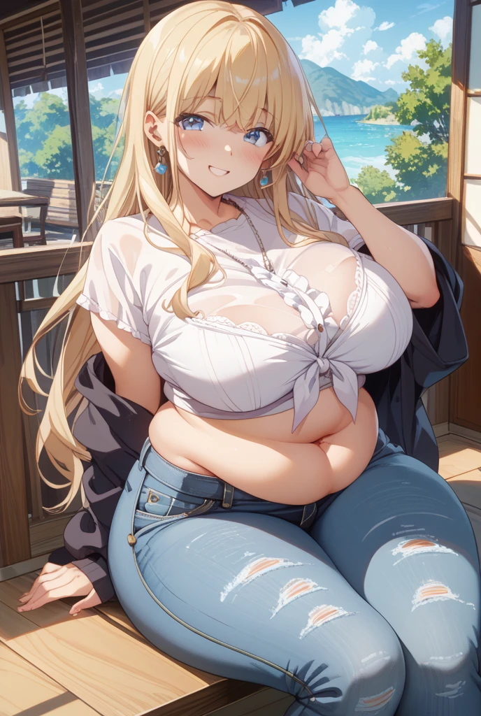 detailed illustration (side view),dynamic angle, ultra-detailed, illustration, clean line art, shading, anime, detailed eyes, detailed face, beautiful face, dramatic lighting, detailed illustration, dynamic angle, ultra-detailed, illustration, sensual face, gorgeous face, tired, annoyed look on face,
Mom bod, woman in her late 30’s, milf, open khaki bath robe, white reinforced bra, mom jeans, jeans unbuttoned, thick, plump, blue eyes, blonde hair, pear shaped body, big ass, massive sagging full , clothes tight, wide hips, beer belly, chubby, breasts overflowing bra cups, drinking, beer cans, background of a pool house interior, belly spilling out of unzipped pants, nighttime, moonscape outside windows,