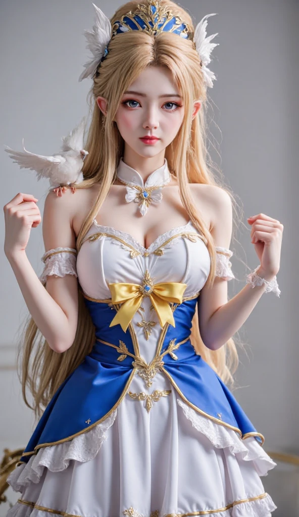 ((Highest quality)), ((masterpiece)), (detailed:1.4), 3d, Image of a woman in a beautiful dress,Hmph(High Dynamic Range),Ray Tracing,NVIDIA,Super Resolution,Unreal 5,Scattered under the surface,PBR Texturing,Post-processing,Anisotropic Filtering,Depth of written border,Maximum clarity and sharpness,Multilayer Texture,Albedo and Specular Maps,Surface Shading,Accurate simulation of light-matter interactions,Perfect proportions,Octane Rendering,Two-tone lighting,wide aperture,Low ISO、White balance、Three-part method、8,000 students、((Black Corset))(((White and blue dress)))((blonde))