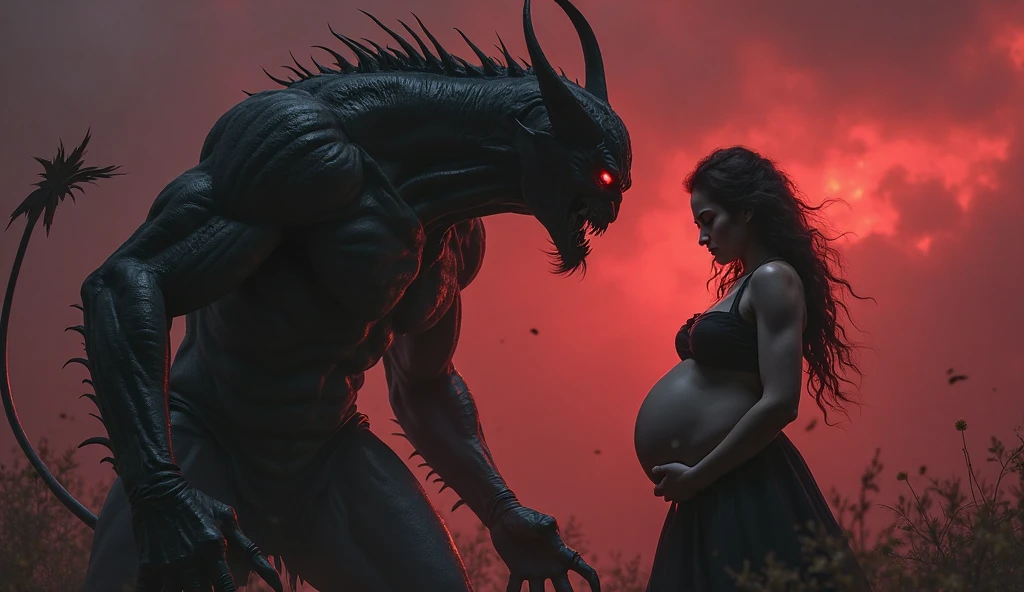 "The Birth of the Demon": Depict the moment of birth, with a woman screaming in pain, her shadow projected on the forest wall showing a demon instead of a baby. The atmosphere must be gloomy, with fog and darkness enveloping the scene.