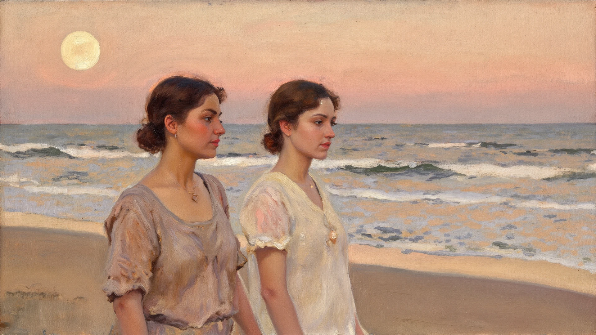 alone in the universe, Paint in watercolor style, Photorealism, discreet golden and ruby and mint shades, two (nudes) gentle, modest thin girls of 16 years old with tender nipples walk barefoot in the distance along the coast