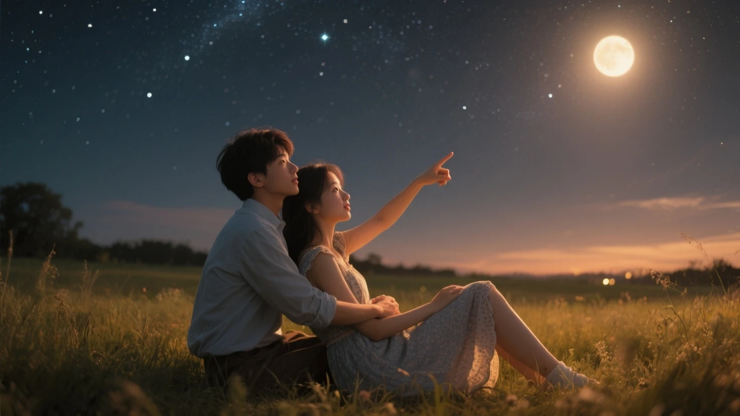 Couple looking up at the starry sky in the grass
