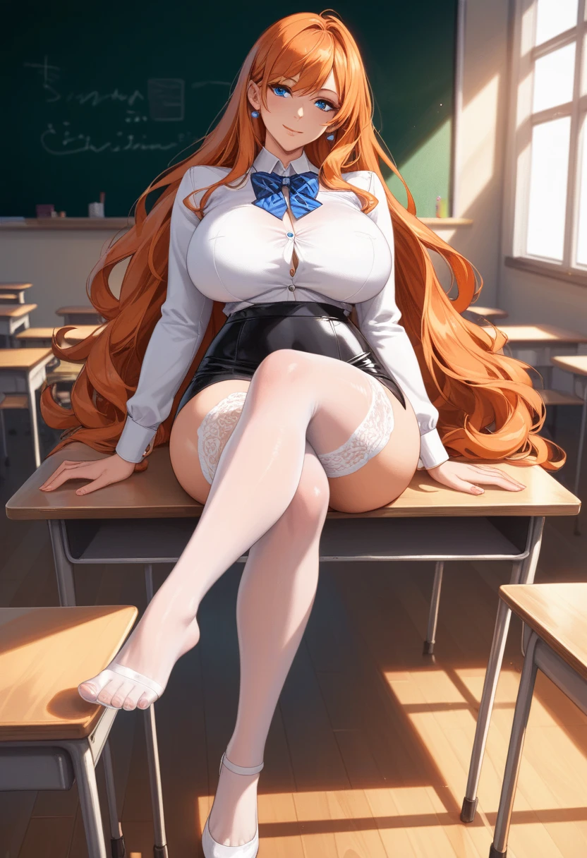 (masterpiece, best quality, ultra detailed, absurdness)1.5, 1girl Eris Boreas Greyrat (sexy, beautiful woman, perfect face, perfect eyes, perfect female body, huge breasts)1.5 (Japanese , skirt, brown schoolgirl shoes, long white socks, [knee socks thigh] loafers, long messy hair, big hair) (sitting on a desk, crossed legs, inside a classroom), perfect lighting, smooth