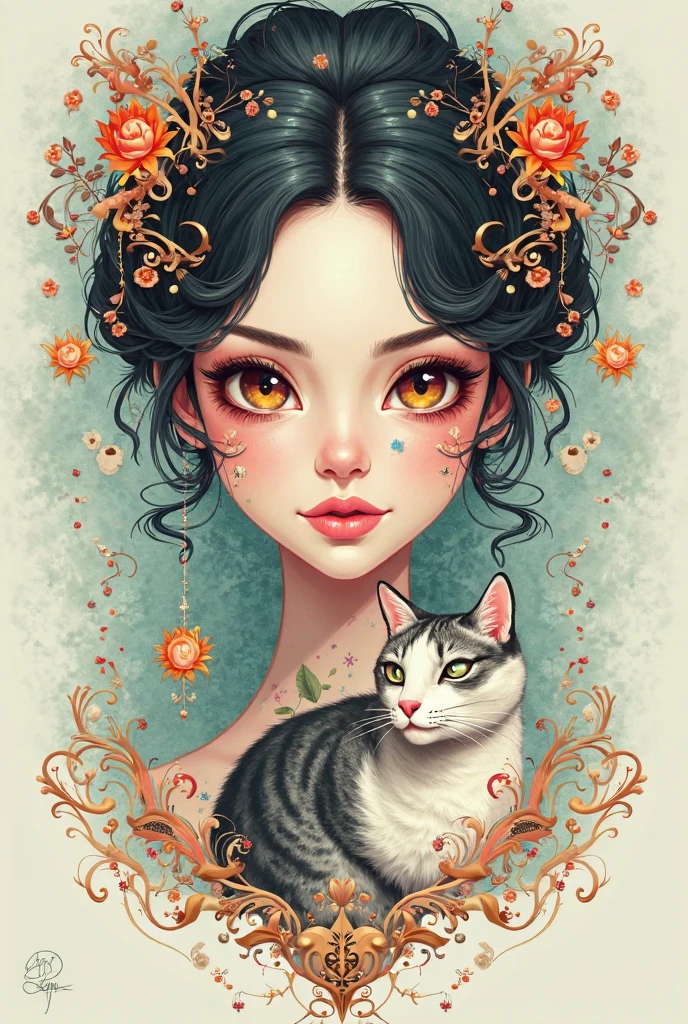 1girl, facing the camera, solo, long hair, slight smile, green eyes, tattoos, blue jewelry, closed mouth, black hair, earrings, lace chocker, blue lips, animal, she holds a white cat, cat, looking up, portrait, freckles, on head, animal on head, cat on her head,