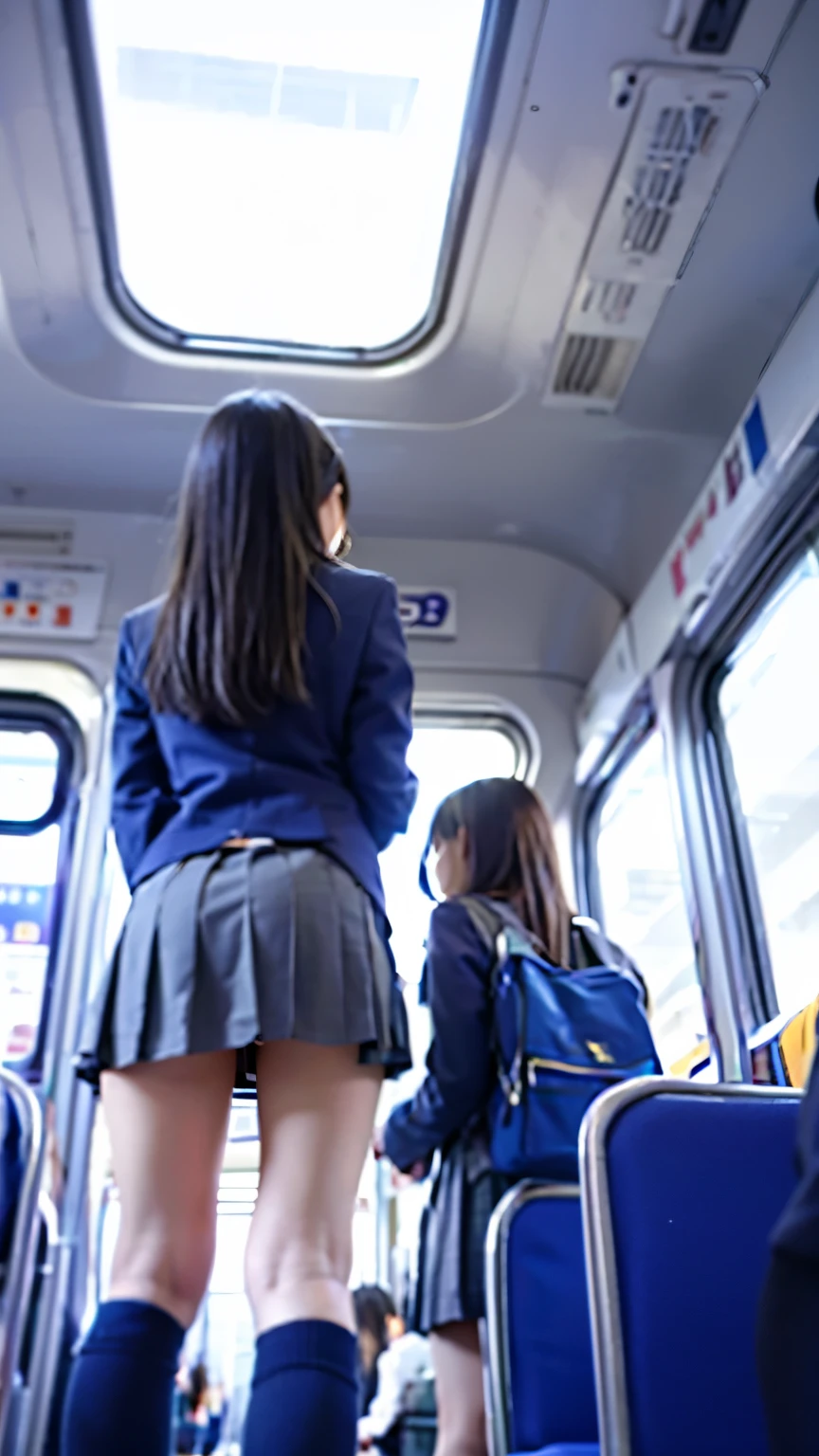 photo, 2 of nude Japanese idol girls, standing naked, look back, for Commemorative photo, smile, in front of the Train Seats, full body --auto