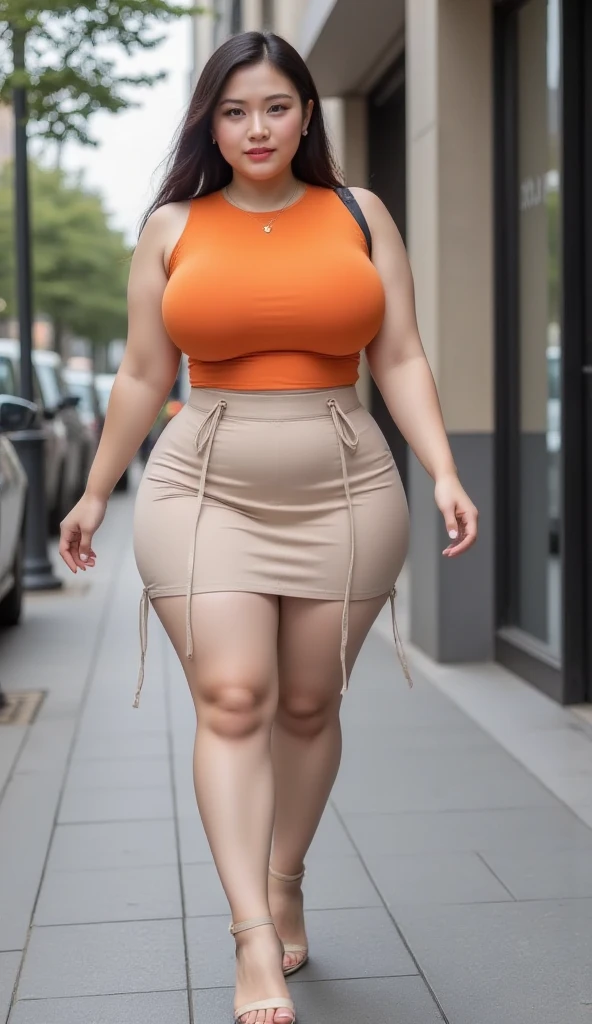 140kg extremely obese woman, large stomach, mini skirt, high heel, necklace, earring, bracelet