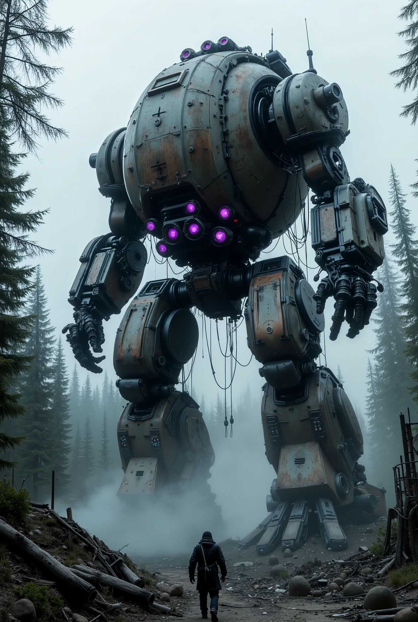 military robot like a tank、(1.5)、(An intimidating feeling like a chariot:1.5),(wacky, perverted, and bizarre design without a head:1.5),(the dark dark metallic body is rusted:1.5)、(Total height 50mRobot 1.tanding in the fog of the forest、(A robot with a very creepy atmosphere:1.5),(12 large reactors that glow purple are concentrated in the center of the main body:2.0)、heavy and intimidating robot、(wacky, perverted, and bizarre design without a head:1.5)、Extremely Huge Robot、A is looking up at the robot、(There are extremely organic parts:1.5),
