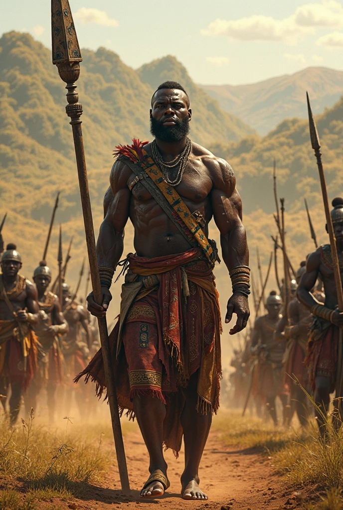 An African hunter with bare chest,short hair,sword in one hand and an amulet in the other hand pointing it to the villagers, while the villagers emerge from their huts