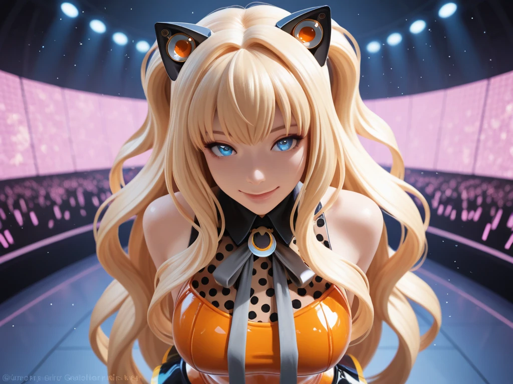 loli, flat chest, big lips, latex highleg strapless leotard, lipstick, long hair, blonde cat ears, multicolored hair, striped tail, wavy hair, bell collar, freckles, light smile