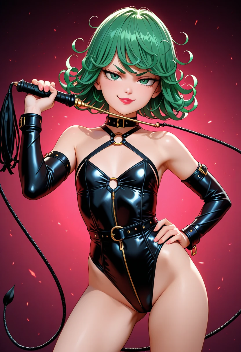 score_9, score_8_up, score_7_up, score_6_up, score_5_up, 1girl, Tatsumaki, green hair, perky, free use, standing up, back turned to the camera, cowboy shot, latex princess, black sling shot swimsuit, latex princess, elbow gloves, toned, (insanely detailed, beautiful detailed face, masterpiece, best quality) in a bdsm room (insanely detailed, beautiful detailed face, masterpiece, best quality)