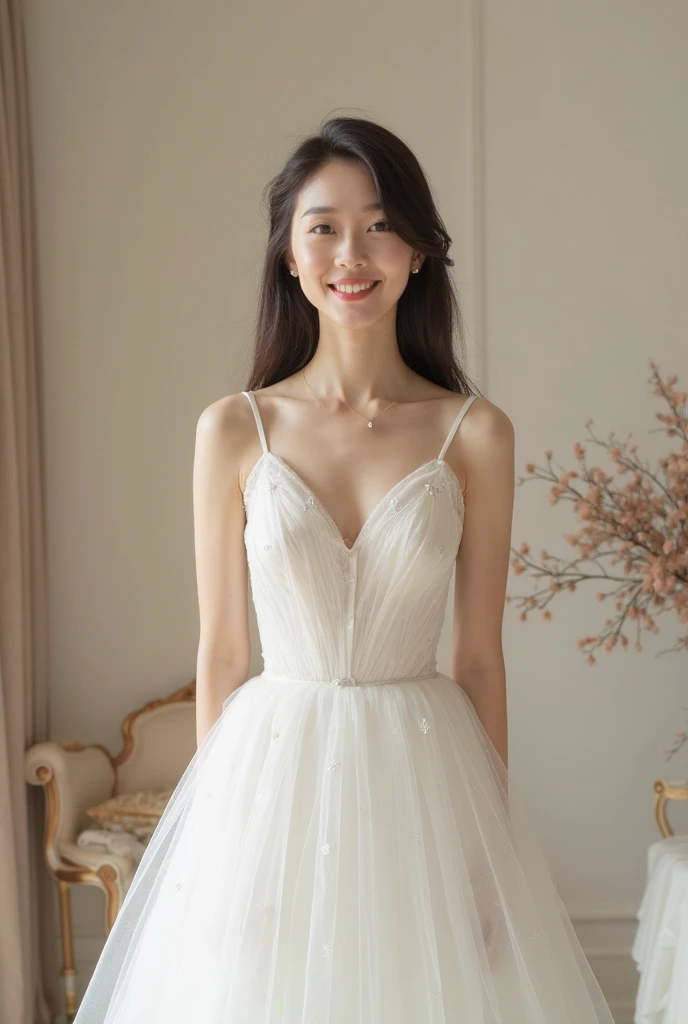 ((girl in perfect body shape)), ((korean bride)), ((garden at the background)), ((Bobhair cut)), ((top-quality)), RAW , ((masterpiece)) , (fujifilm), 16k , (Photorealism),  ((beautiful bride)), ((wearing bride crown)) , ((low shot)), ((distant shot)),((facing towards the viewers)), ((full body shot))
