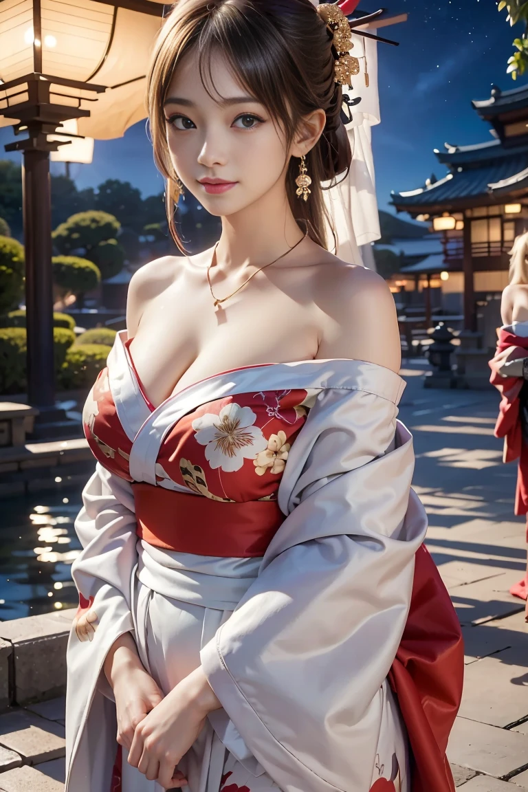 Diffuse lighting、 Highest quality, High resolution, unity 8k wallpaper、Supersaturation, colorfulに, 8k解像度, 1 female、Japanese、23 years old、Close-up portrait、Wearing a red dress，真night中、The area is pitch dark、night、full moon、moonlight、Fantasy、mysterious、Standing in front of the red torii gate、Woman with a Fan, onmyoji, onmyoji detailed art, onmyoji portrait,  4K, 8k,  Vibrant, Splash Art , Onmyoji、Spirit medium、colorful, educate, onmyoji, kimono,  alone, Holding, cherry blossoms, kimono, flower,Red Bikini、Bikini with red string、female, hair ornaments,  In-person audience, hair flower,  Wide sleeves, flowerびら,  Long sleeve, smile,  architecture, lanthanum, White skin, east asian architecture, Hair above the eyes, Open your mouth, Outdoor, Upper body close-up、