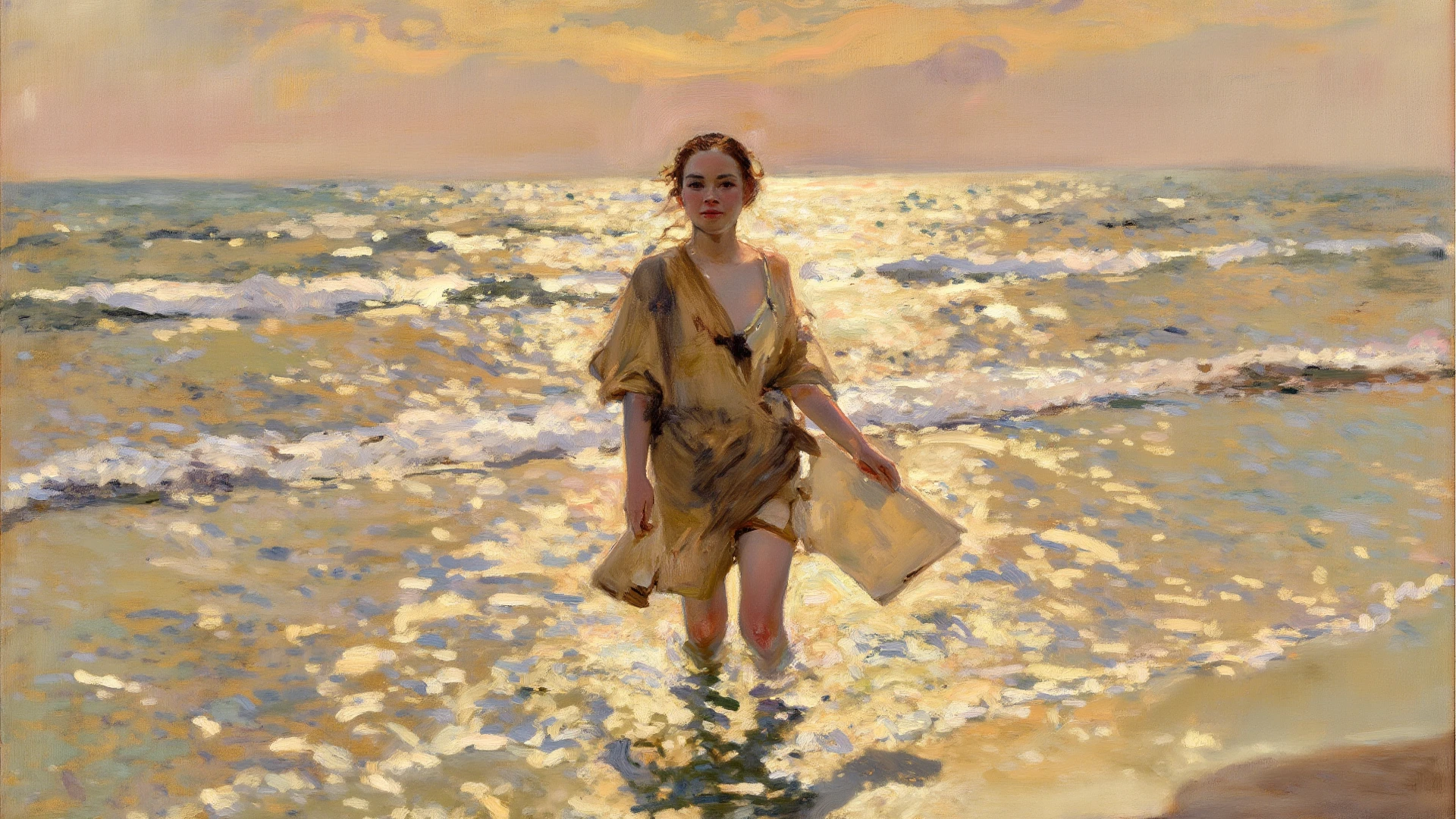 alone in the universe, Paint in watercolor style, Photorealism, discreet golden and ruby and mint shades, (nude) a gentle, modest thin girl of 16 years old with a very beautiful, exquisite face of the southern type with tender nipples walks barefoot in the distance (around the southern town) early morning (along the houses) in a long old beige skirt
