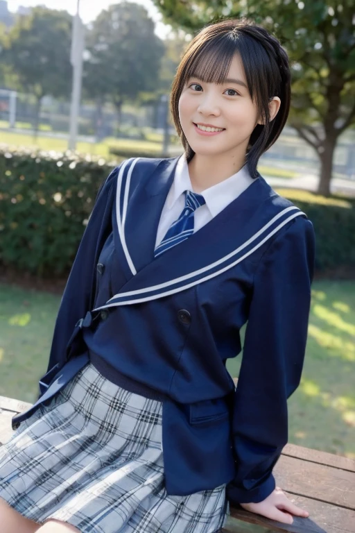 Highest quality、8k、Professional Lighting、Beautiful woman、Jet Black Hair、Beautiful and delicate skin、Glowing Skin、No makeup、Slender、Fair skin、Large Breasts、Very Short Hair、smile、skirt、((japanese highschool uniform))、 in uniform、Sit on a bench、(Spread your legs)、Wear sheer underwear、I can see see-through panties、((Put your right hand inside your panties))