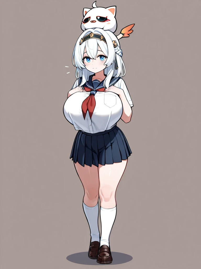 1girl, aegir \(azur lane\), azur lane \\\\\ masterpiece, best quality, very aesthetic, absurdres, newest \\\\\\ sportive body,  \\\\\\ by nyantcha,,by cutesexyrobutts,by khyle ///// white hair with a single prominent red streak, black horns, yellow eyes,  , white (nurse outfit:1.2), skirt, , white pencil skirt, nurse cap, , , a red cross on the cap, standing, (white background:1.2),  rating general, horny smile, hands on hips