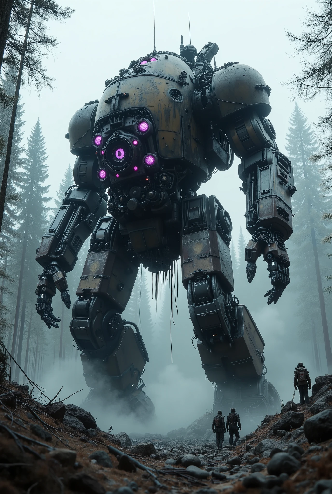 military robot like a tank、(1.5)、(An intimidating feeling like a chariot:1.5),(wacky, perverted, and bizarre design without a head:1.5),(the dark dark metallic body is rusted:1.5)、(Total height 50mRobot 1.tanding in the fog of the forest、(A robot with a very creepy atmosphere:1.5),(12 large reactors that glow purple are concentrated in the center of the main body:2.0)、heavy and intimidating robot、(wacky, perverted, and bizarre design without a head:1.5)、Extremely Huge Robot、A is looking up at the robot、(There are extremely organic parts:1.5),