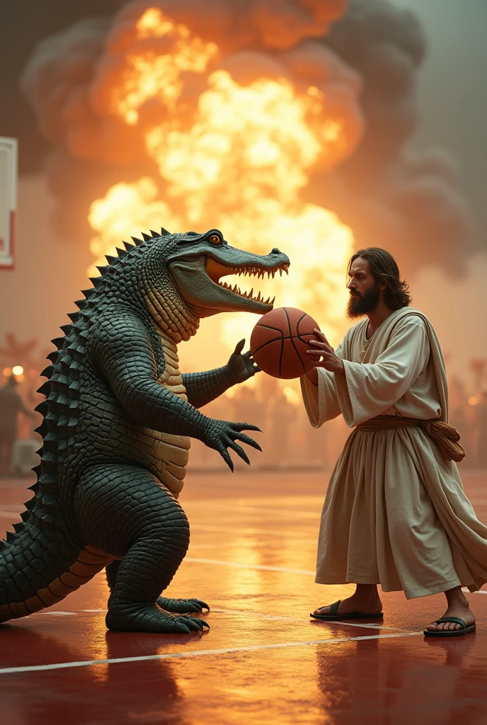 Ai creates an image of literally a shrimp the animal scoring in the basketball hoop while lightning bolts fall from the sky and there is a tornado in the background while Jesus Christ cheers him on from a corner and a crocodile tries to stop him from scoring. (that the shrimp is engulfed in flames and also the ball)(or humanises al camaron ) and there is a nuclear bomb explosion in the distance