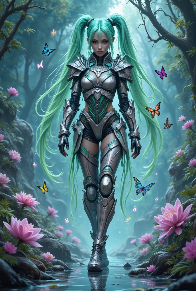 high details, best quality, 16k, [ultra detailed], masterpiece, best quality, (extremely detailed), full body, ultra wide shot, photorealistic, fantasy art, dnd art, rpg art, realistic art, an ultra wide picture of a exotic, exquisite beautiful woman wearing ((black Cheongsam with lively vivid flowers, the flowers grow from the Cheongsam to be alive : 1.5), she wears, (knee high laces heel boots: 1.2), (light green hair: 1.2), long hair, wavy hair, pale skin, (deep blue eyes, Intense gaze: 1.2), fantasy druid grove background, fantasy druid grove background, high details, best quality, highres, ultra wide angle