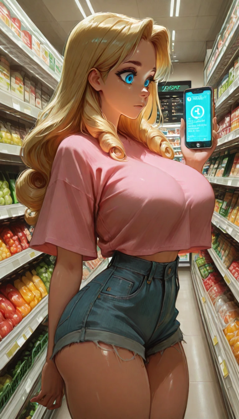 photo of, , blonde florida bimbo, long hair, blue eyes, skimpy 80s attire, topless, big breasts, breasts on tray, sagging breasts, huge breasts, seductive, puffy nipples, comic book shop background, choker, detailed eyes, (detailed analog photo highres high-quality high-saturation)
