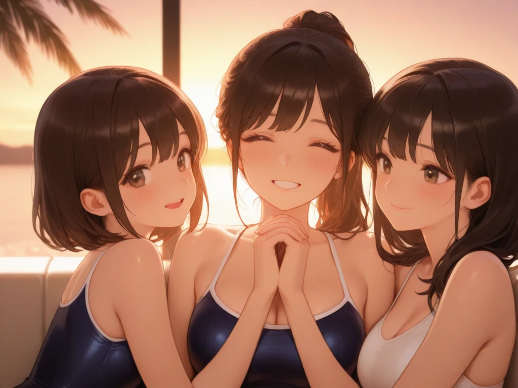 (Poolサイドの床に立つシニヨンの髪型、Hair Bun。)、(Women in colorful swimsuits、)、Through clenched teeth、Through clenched teeth、Multiple mature women ranging from their teens to their 40s、/(Light brown short hair/) bangs、A light smile、(Top quality masterpiece: 1.2) A delicate illustration of a super-detailed chest area、Curved waist、Wide Hip Break（Pool）indoor、Course rope、Sealing、Detailed Background