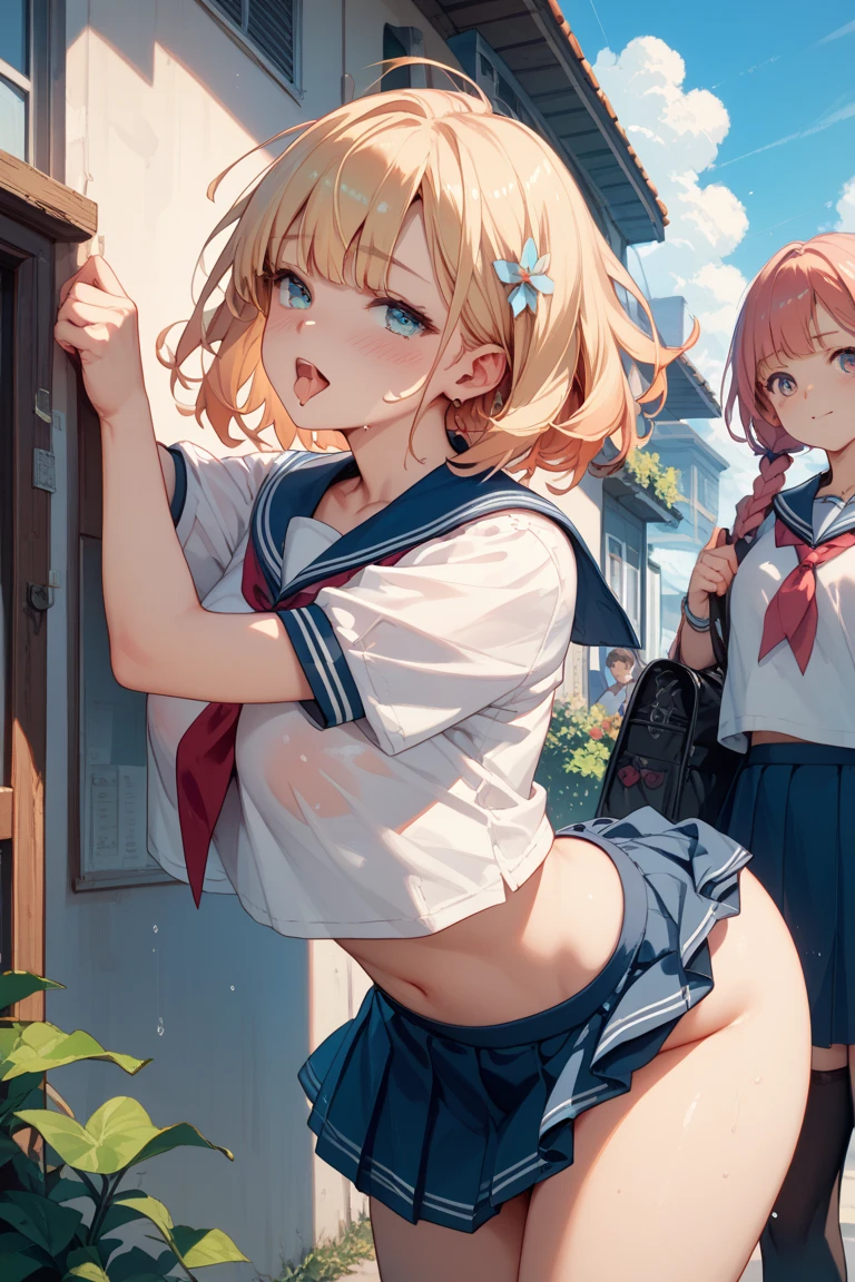 短いスカートをはいた大きなお尻のAnime Girlsとバックパックを背負った男, Naughty anime style, Naughty, , Twin tails, a hyperRealistic , Anime Girls, Naughty style, hyperRealistic , Realistic , After the rain and the girl is gone, , Anime Girlsがしゃがんでいる