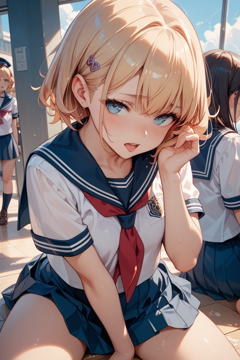 (top-quality、in 8K、32K、​masterpiece、nffsw、超A high resolution、Impresionismo、Photorealsitic:1.2)、Angle from above、High angle、Colossal tits、cowboy  shot, detailed faces and eyes、 Inside the classroom、Schools、Evening glow、beauitful face、blurry backround、16-year-old beautiful girl、shinny skin、short-hair、Beautiful black hair、Blunt bangs、Red Eye、(Katyusha:1.2)、a sailor suit、Pleated miniskirt、Curve、Stand on one knee、(I can see panties:1.2)、Smile with open mouth、Opening legs、