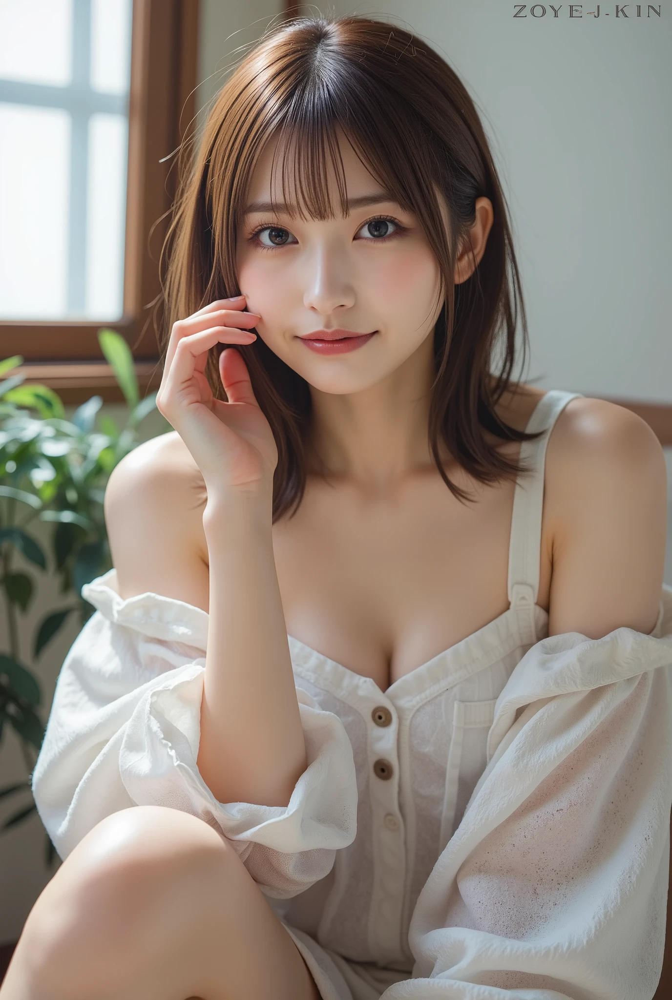 Browsing Caution、Highest quality、8k、No makeup、masterpiece、クリアなphotograph、Ultra-high resolution、Realistic、Professional Lighting、Natural light、photograph、smile、Ultra slim、Delicate body、very cute、The cutest Erina Mano、Idle class、white肌、(Small breasts:1.8、Small breasts、Flat Chest:1.6)、whiteTPut on a shirt:1.8、Lean forward:1.6、Her cleavage is visible:1.2