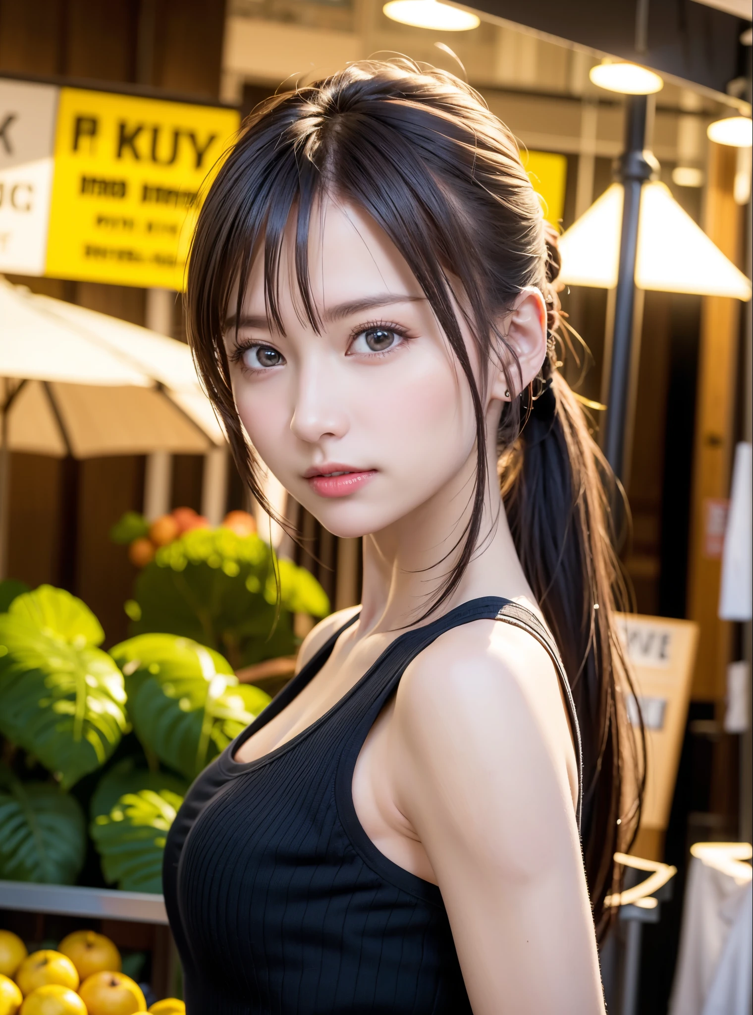 Urban beautiful girl college student, masterpiece, light makeup, red lips, silver hair, messy long hair, street background, beautiful, elegant. super fine details, master works, authentic texture, cinematic lighting realism, perfect job, 16k, hd, exquisite features,blue eyes、japanese idol、beautiful顔、cute smile、brown hair、beautiful hair、ponytail、glamorous、 big breasts、nipple、oily skin、shiny skin、sunburned skin、Shining black skin、sexy camisole,T-back, bright big eyes, smooth skin, earrings, necklace,facing forward