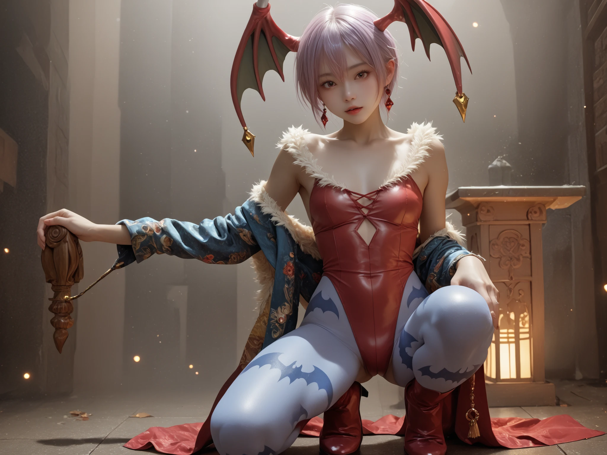 (masterpiece、top-quality、hight resolution), Create an image featuring a gentle and calm housewife wearing a cosplay costume from the work 【Lilith - Darkstalkers】. The scene should be shown from the perspective of the person she is showing it to. Ensure the following:
1. The housewife has a gentle and calm demeanor.
2. She is wearing a cosplay costume from the specified work 【Lilith - Darkstalkers】.
3. The perspective is from the viewer's point of view, as if they are seeing her show off the costume.
4. The background should suggest a comfortable, private setting, like a living room or bedroom. nsfw