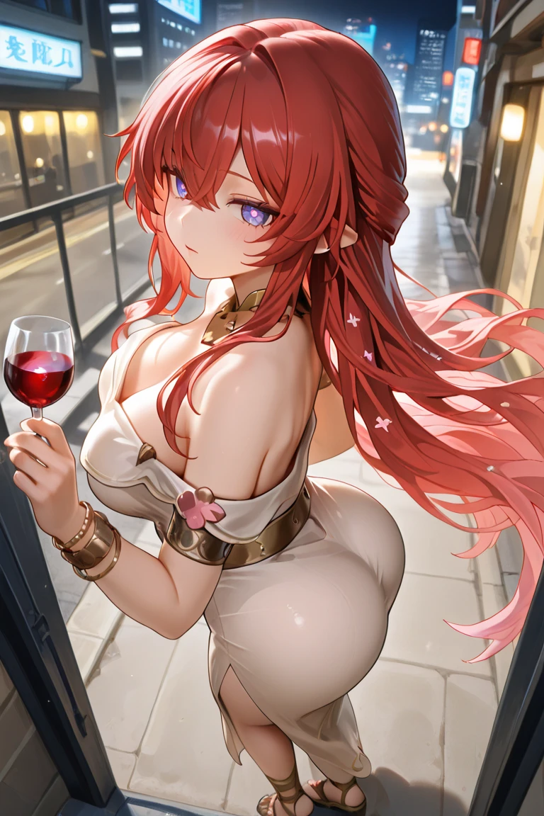 Crossing your legs, Anime style painting, An illustration, liquor, Woman sitting at a bar drinking a cocktail, look back, back, 背景の棚には多彩な色のliquor瓶が並んでいる, Quiet bar, Calm expression, Perfect hands, elder, Red Hair, The dignity of a 50-year-old, ほろ酔いのwoman, solo、(Highly detailed background:1.0)、(Highly detailed background:1.0)、masterpiece、Highest quality、(Babes)、Fractal Art、Red eyes、Narrow eyes、Black and red dress, Reddish lips、From the shoulders up、smile、One Woman、Red long ponytail, Curly Hair, Red eyes,Golden accessories, solo, Big Breasts, woman, Take-out, Provocative laughter,40 year old woman,Queen of Sadism, Highly detailed background, Perfect Human Medicine,