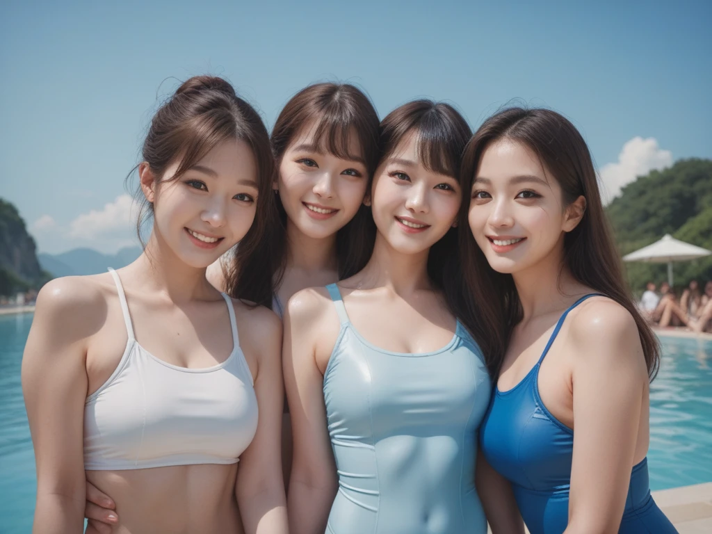 Masterpiece Best Night 18 Year Old Japanese、Photographed while swimming in the river、Three slim girls splashing water on each other、Country Girls Trio、With a big smile、 Random hairstyle、Wearing white sports bra and high leg pants、Shooting with a smile、Calm and intelligent three-band gray eyes , All of them have flat bodies.、、Full body shot image、 Hand Detail, Finger details,