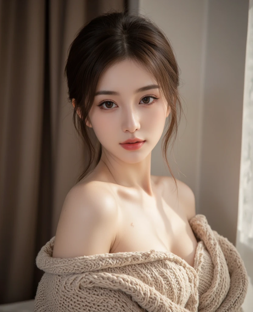 ((best quality)), ((masterpiece)), (detailed), 1girl, off-shoulder sweater, chest, cleavage, small breast, (breast gap:1.4), necklace