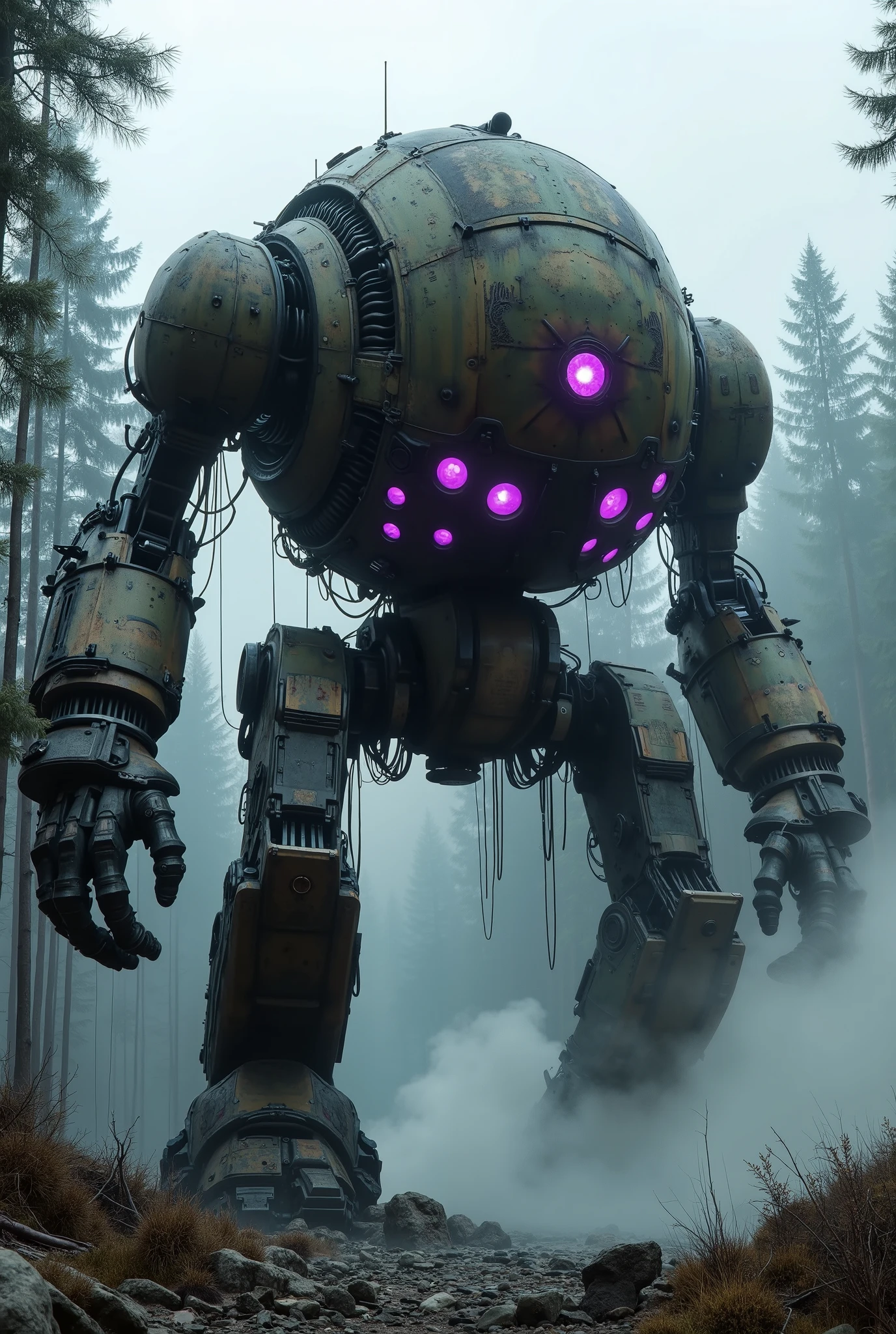 military robot like a tank、(1.5)、(An intimidating feeling like a chariot:1.5),(wacky, perverted, and bizarre design without a head:1.5),(the dark dark metallic body is rusted:1.5)、(Total height 50mRobot 1.tanding in the fog of the forest、(A robot with a very creepy atmosphere:1.5),(12 large reactors that glow purple are concentrated in the center of the main body:2.0)、heavy and intimidating robot、(wacky, perverted, and bizarre design without a head:1.5)、Extremely Huge Robot、A is looking up at the robot、(There are extremely organic parts:1.5),