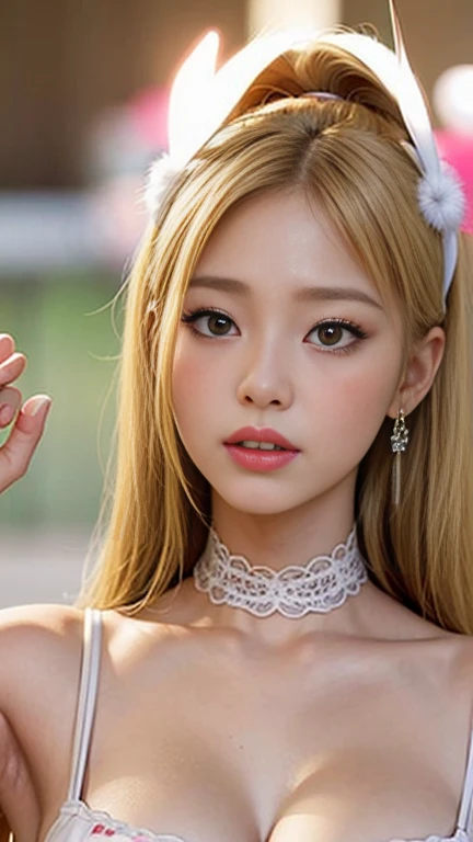 street,(Keisan:1.5), close, masterpiece, highest quality, original photo, realistic, face, big breasts, pink gauze slip dress, incredibly ridiculous, beautiful girl, cute, pale yellow long hair, short suspenders, Depth of the bounds written, High resolution, hyper detail, small details, very detailed, very detailed eyes and face, sharp pupils, realistic pupils, sharp focus, cinematic lighting,