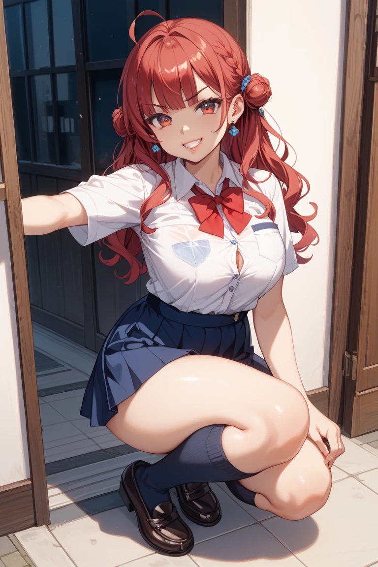 One girl, Maki Nishikino, poses in her bedroom, changing out of her partially undressed Otonokizaka uniform. BREAK (masterpiece, top quality, high resolution, super detailed, (super detailed skin: 1.3), (super detailed hair: 1.3), (perfect anatomy: 1.5), (perfect anatomy: 1.5), (beautiful eyes, 5 fingers: 1.3), (highly detailed face and skin texture: 1.3), (crisp details), {background blur: 1.3}, (perfect lighting), high resolution CG, Unity 8k wallpaper, official art, (full body composition: 1.22), (character focus: 1.22), (blush: 1.22), (upward glance: 1.22), 3D rendering, conceptual art, sharp sketch, id_maki_nishikino