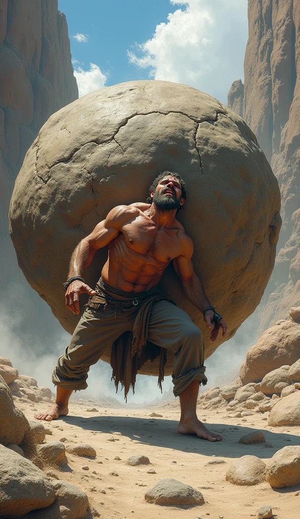 Sisyphus pushing a giant stone crying a lot