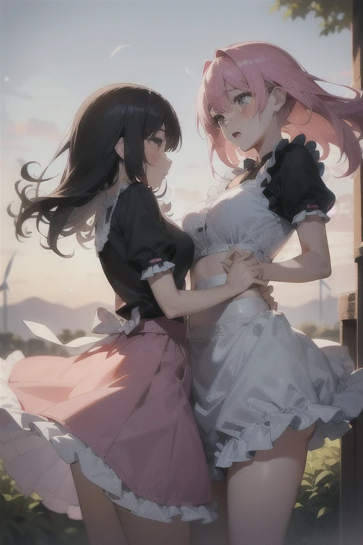 Underwear for two girls, Ages 5 to 10、Realistic panties made from patterned cotton fabric、Translucent slip、Skirt lining、Skirt flip、In the shadow of a dark tree、Put your hands on your crotch、tights、Peeking from below