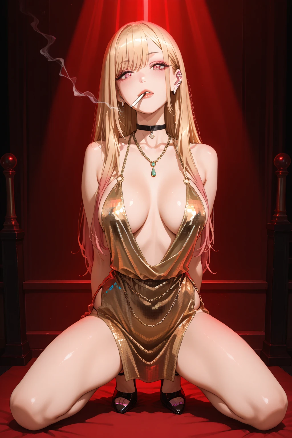 top-quality、Top image quality、masterpiece、girl with((20yr old、Best Bust、big bast、Bust 85,beautiful golden eyes、Breasts wide open,Blonde long hair、A slender、Large valleys、Gold Bikini、Gold Dress,Reflecting the whole body、Leaning forward))hiquality、Beautiful Art、Background with((Luxury Hotels、Golden Chain、Window with night view、Pink lighting)))masutepiece、visualart、depth of fields、