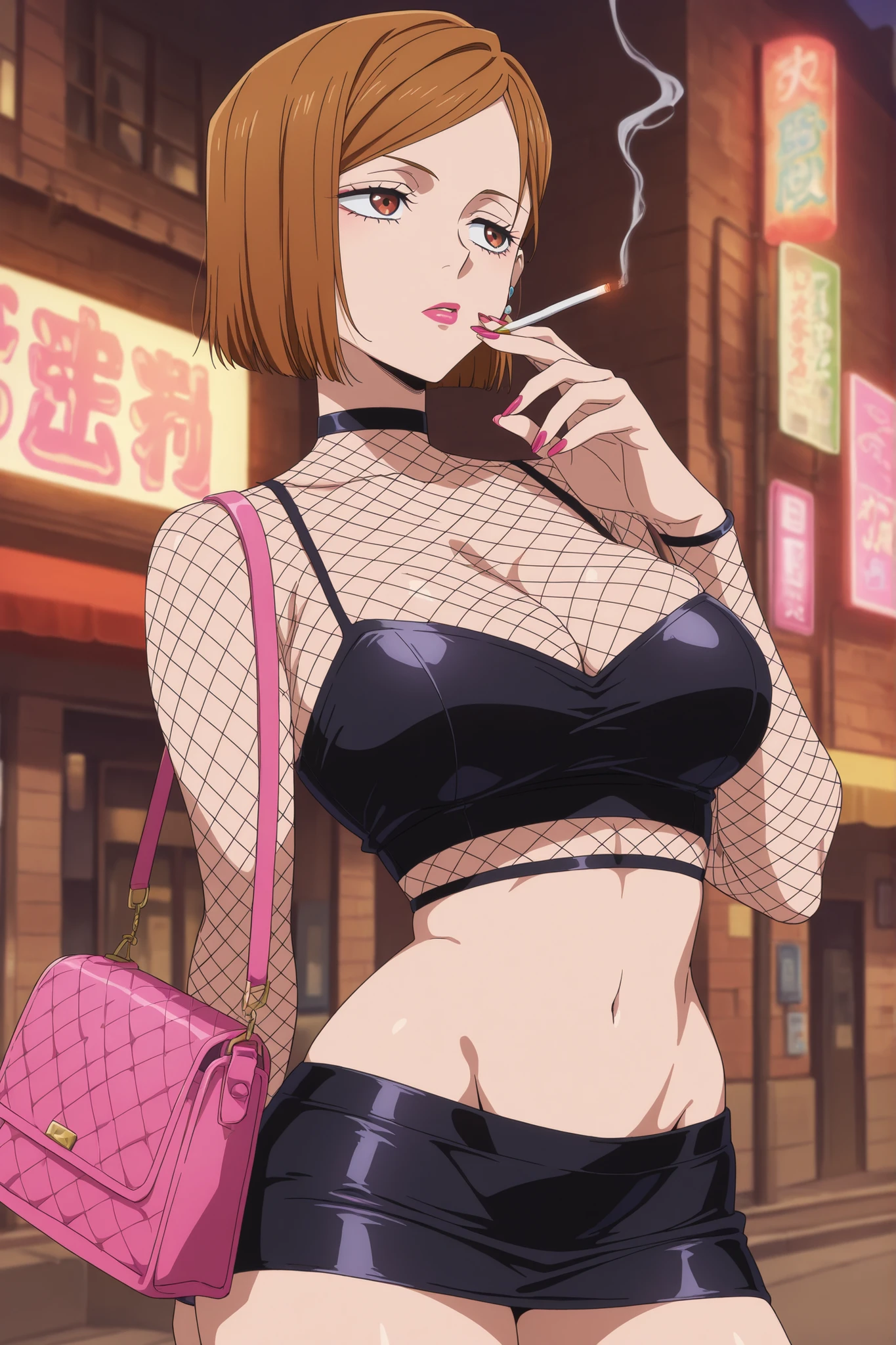 Blonde woman in black leather jacket sitting on bench smoking a cigarette,Big ，individual，anime style